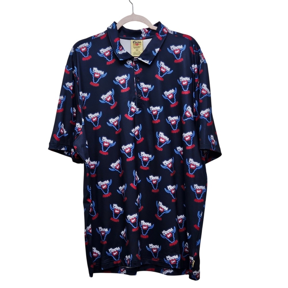Coors Banquet Polo Mens Medium Navy Blue Neon Bull Rodeo Graphic Short Sleeve